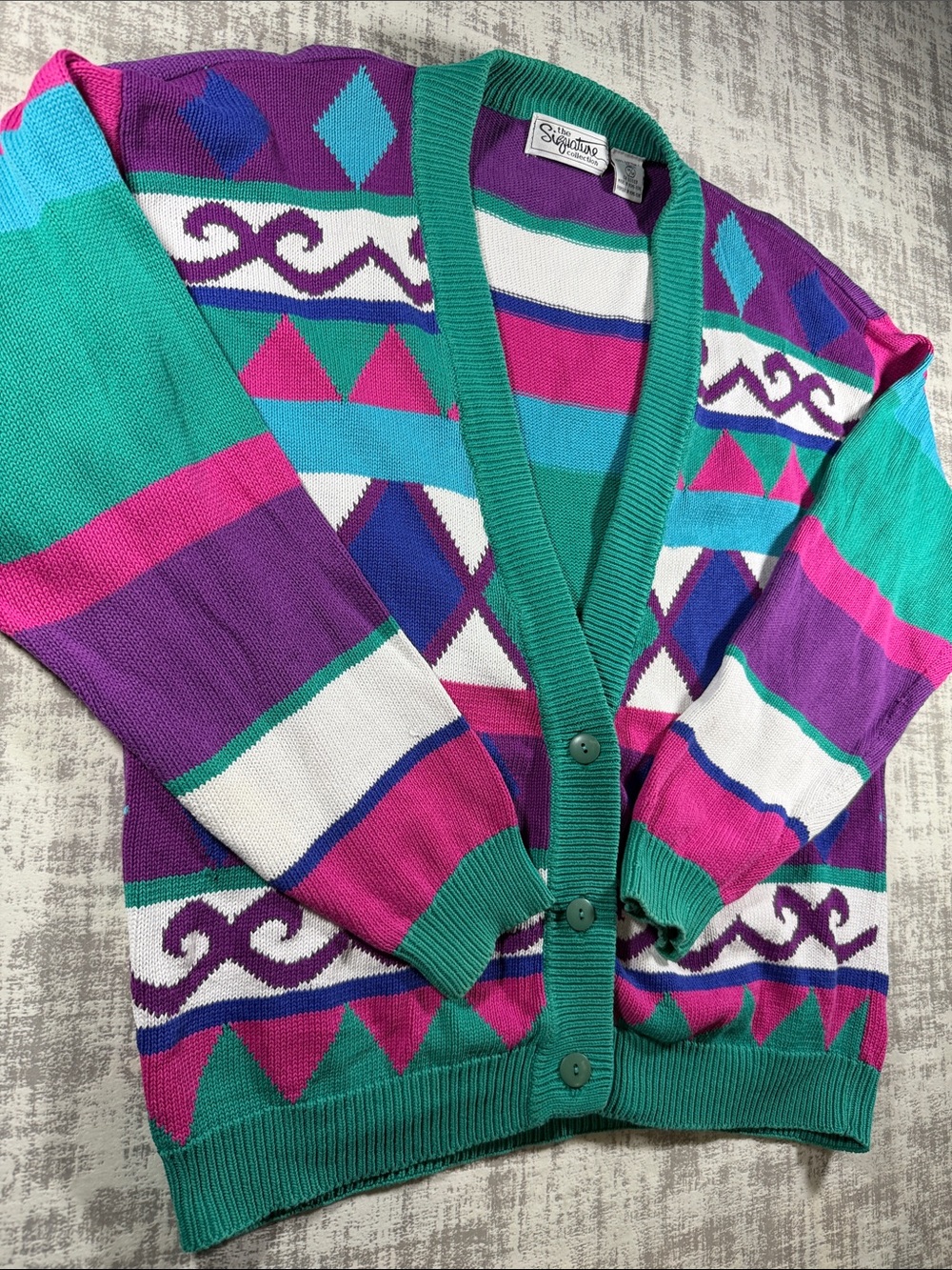 Signature Vintage  Teal, Purple & Pink Geometric Button-Up Cardigan sz M 24X20.5 - Picture 3 of 14